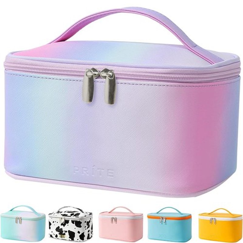 Makeup Bag Portable Travel Cosmetic Bag for Women, Beauty Zipper Makeup Organizer PU Leather Washable Waterproof（Rainbow Pink)