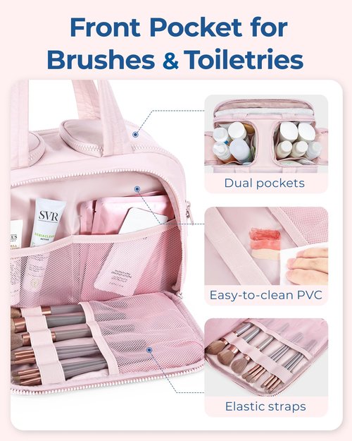 BAGSMART Travel Toiletry Bag, Lightweight Large Wide-open Travel Bag for Women, Puffy Cosmetic Makeup Bag Organizer with Handle for Accessories,Essentials, Toiletries, Pink