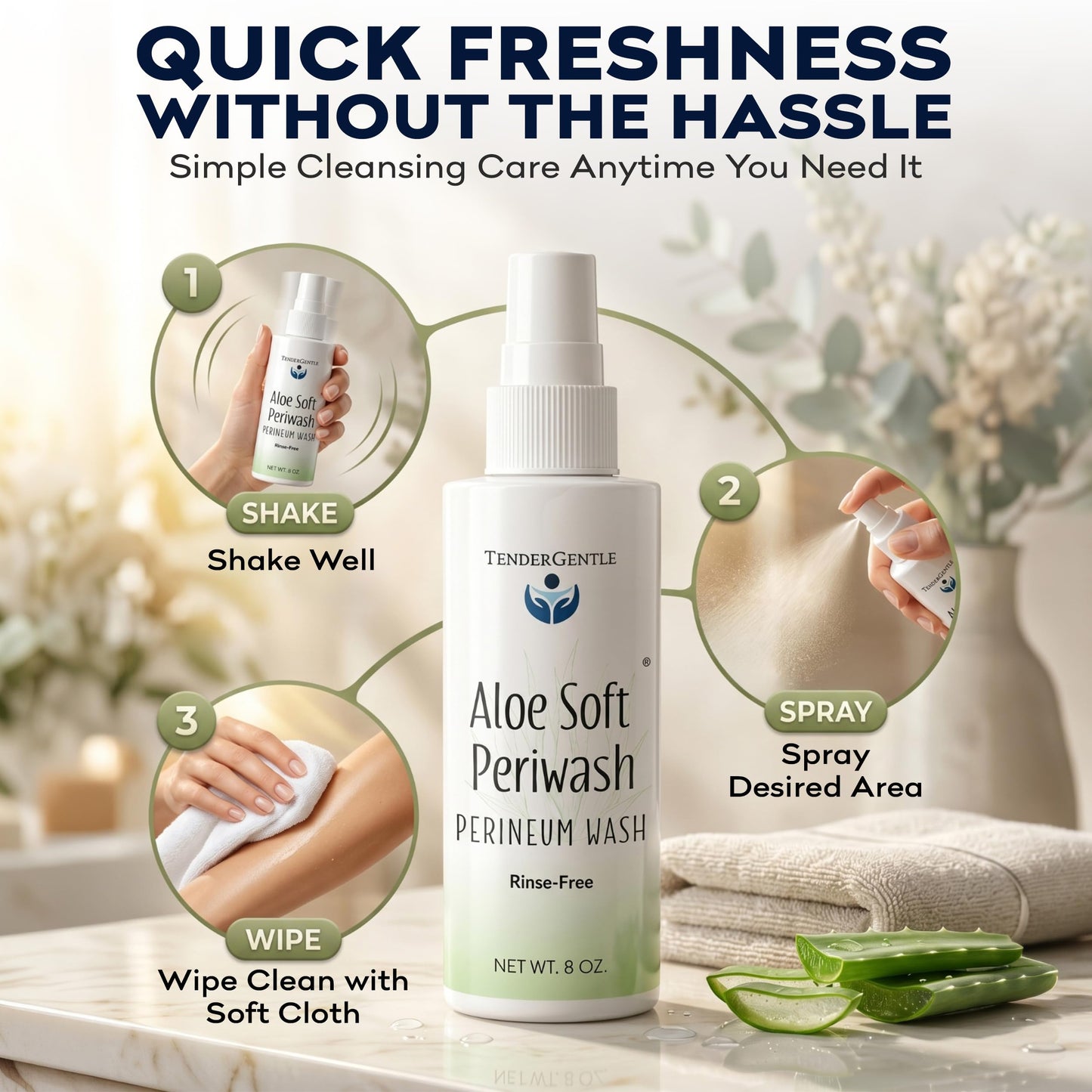 Aloe Soft Perineal Spray - Pack of 2 8 oz Rinse Free Perineum Wash - Cleanses and Soothes - Made with Aloe Vera Extract