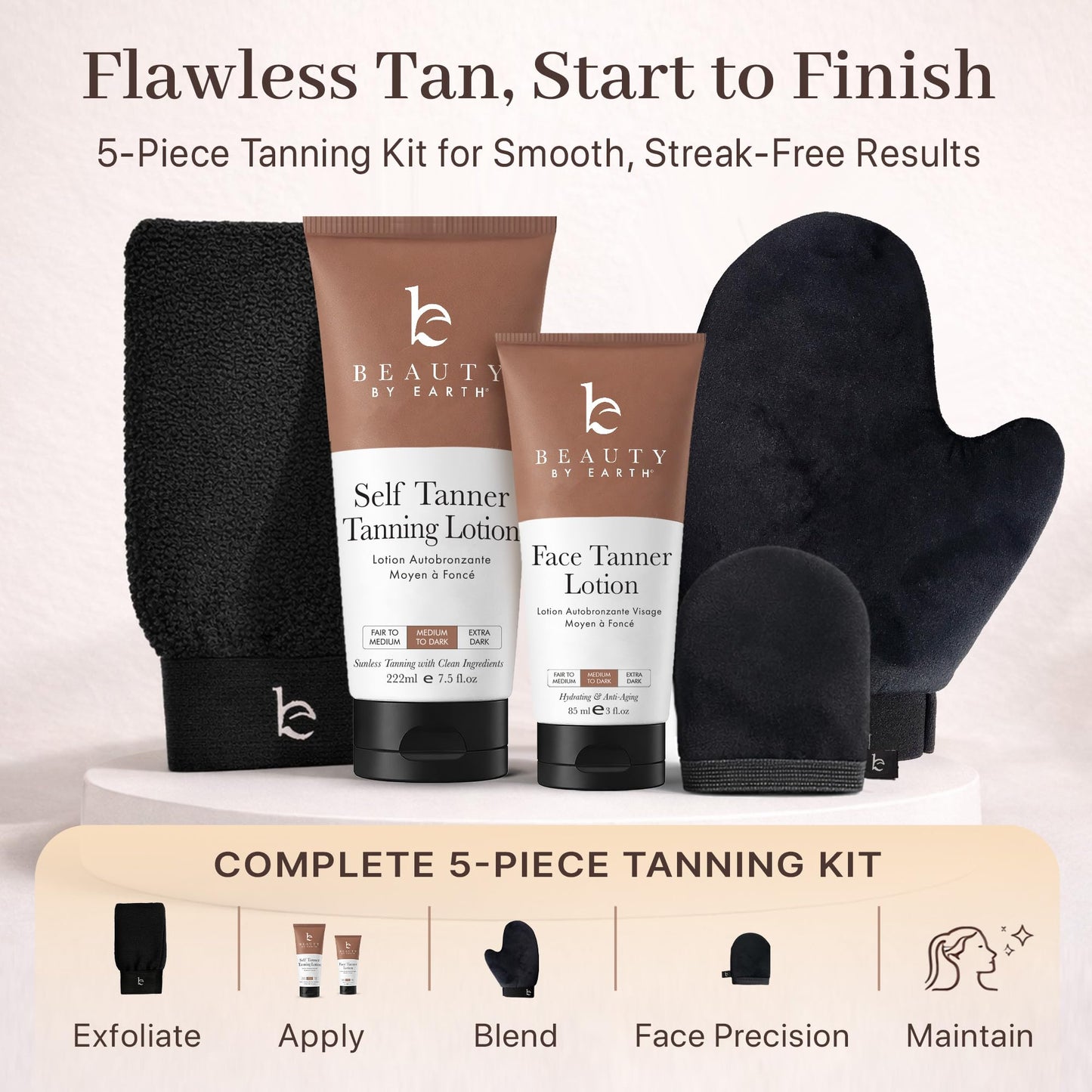 Tanning Lotion Self Tanner Kit - USA Made with Organic & Natural Ingredients, Self Tanning Lotion Face Tanner & Application Kit, Non Toxic Gradual Tan, Sunless Tan for Women & Men