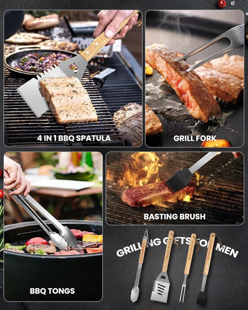 BBQ Grilling Accessories Set - 4PCS Stainless Steel Tools with Tongs, Fork, Spatula & Brush | Perfect Gift for Men