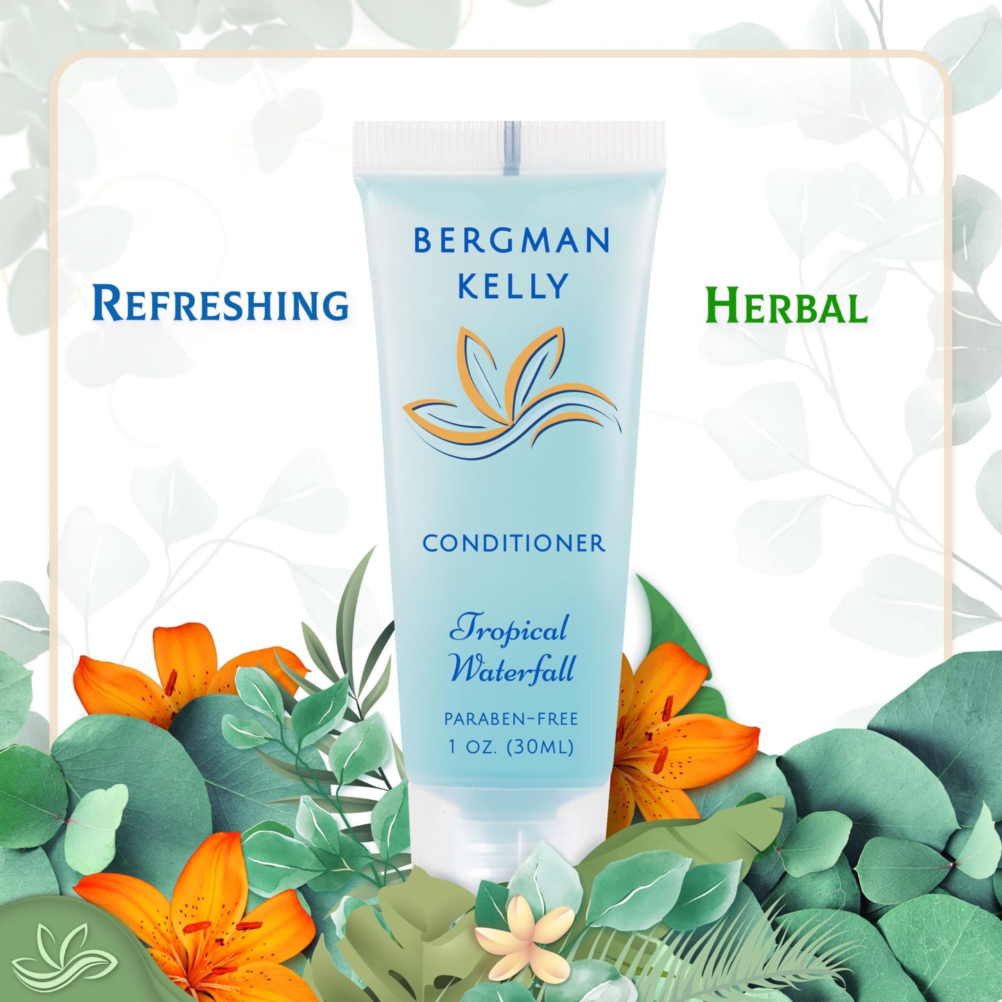 Bergman Kelly - Hotel Toiletries Bundle - Tropical Waterfall, 1 oz each, 100 Pieces - 4-Piece Set: 25 Round Bar Soap, 25 Shampoo, 25 Conditioner & 25 Body Lotion - Bulk Mini Guest Amenities Supply