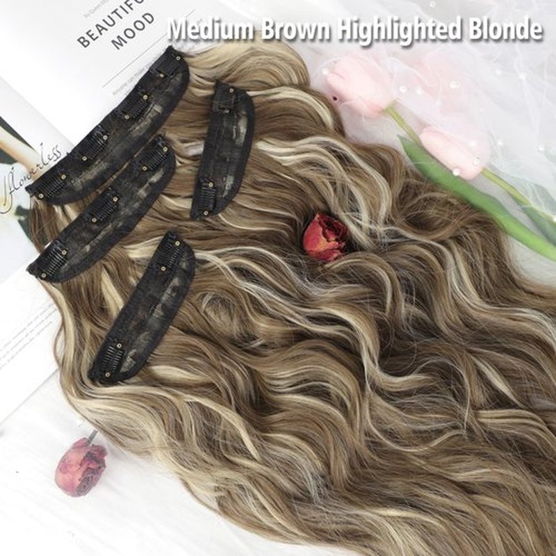 QGZ Clip in Long Wavy Hair Extensions Synthetic 4 PCS Thick Hairpieces for Women 20 Inch Long Fiber Hair Extension for Daily Party Use (Medium Brown Highlighted Blonde)