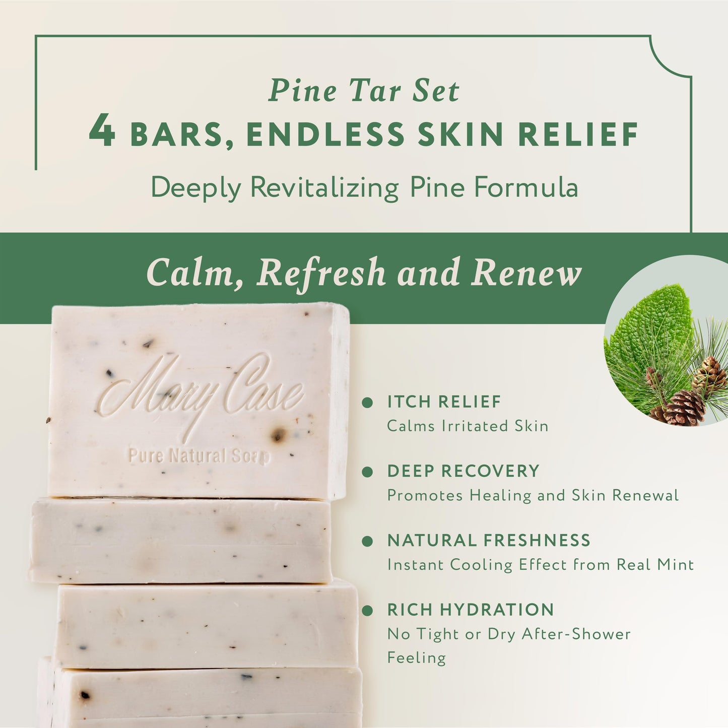 Mary Case Pine Tar Bar Soap Set of 4 | Natural Soap with Olive, Coconut & Pine Oils + Dried Mint | Vegan Bath Soap for Men & Women | Revitalizing & Soothing Skin Care