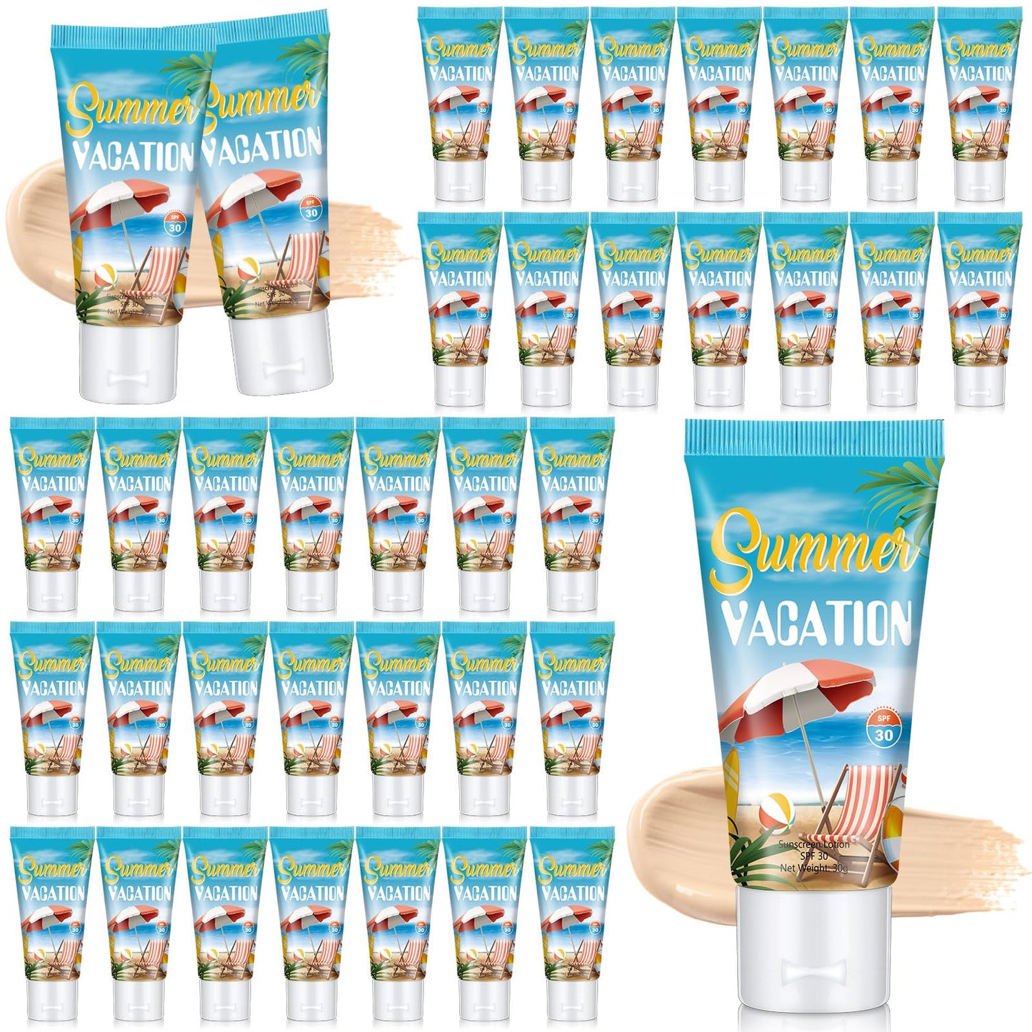 Dansib 36 Pcs Mini Tinted Sunscreen Bulk for Summer Vacation Party Spf 30 Water Resistant Sunscreen Lotion Bulk 1 oz Travel Size for Thank You Gifts Party Supplies (Vacation)
