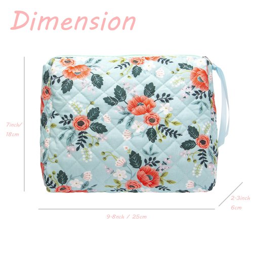 PAZIMIIK Cotton Makeup Bag for Women Large Quilted Travel Cosmetic Pouch Girls' Make Up Organizer,Flower Green