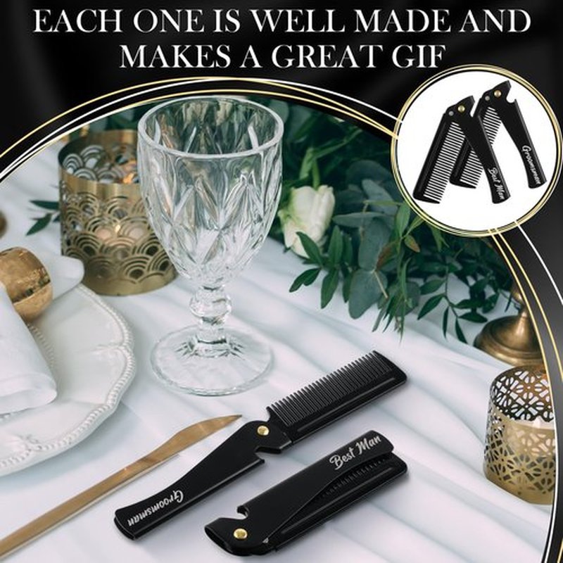 Lineshading 6 Pcs Folding Beard Comb for Men Groomsmen Gift Best Man Gift Pocket Combs Bulk Hair Mustache Comb for Grooming Detangling Wedding Favor Gift (Black,Stainless Steel)