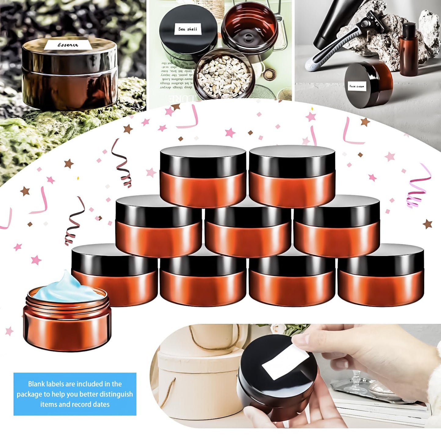 MotBach 10 Pack 4oz Plastic Jars with Lids, 120ml Round Amber Cosmetic Containers Makeup Jars,Travel Size Container Jar for Lotion Cream Eyeshadow Sample Powder Slime Ointment Salve Balm Storage