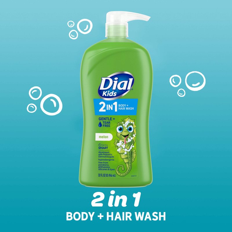 Dial Kids Body+Hair Wash, Melon, 32 fl oz & 3-in-1 Body+Hair+Bubble Bath, Peach, 32 fl oz Bundle
