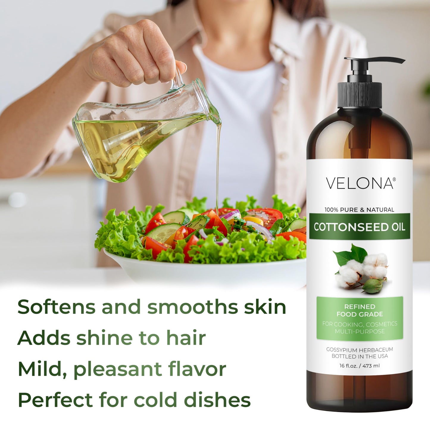 Cotton Seed Oil by Velona - 32 Fl Oz | 100% Pure and Natural Carrier Oil | Refined, Cold pressed | Cooking, Skin, Face, Body, Hair Care | Use Today - Enjoy Results