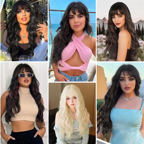 BESSY HAIR Long Black Wig With Bangs Curly Wavy Wigs for Women Natural Looking Synthetic Wig Daily Party Cosplay Use