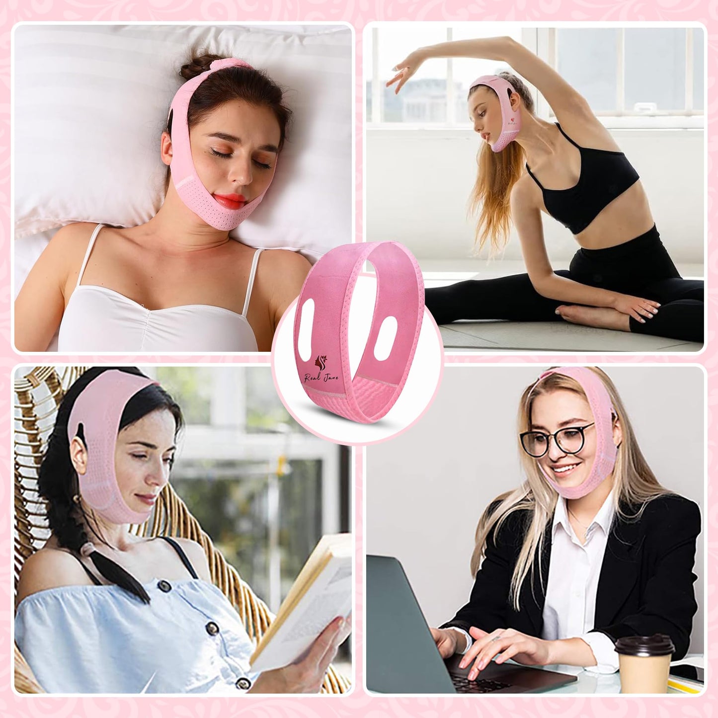 REAL JANE V Line Lifting Mask Set – Face Slimming Chin Strap for Sleeping, Jawline Shaper & Double Chin Reducer, Neck Tightening Face Lift Belt with 6 Hydrating Face Masks for Women
