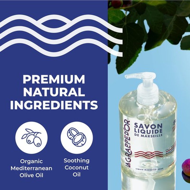 La Grappe d'Or Mediterranean Fig Marseille Hand Soap with Essential Oils | Handmade in France from Moisturizing Organic Olive & Coconut Oil | Natural, Cruelty-Free & Vegan, 16.90 oz Liquid