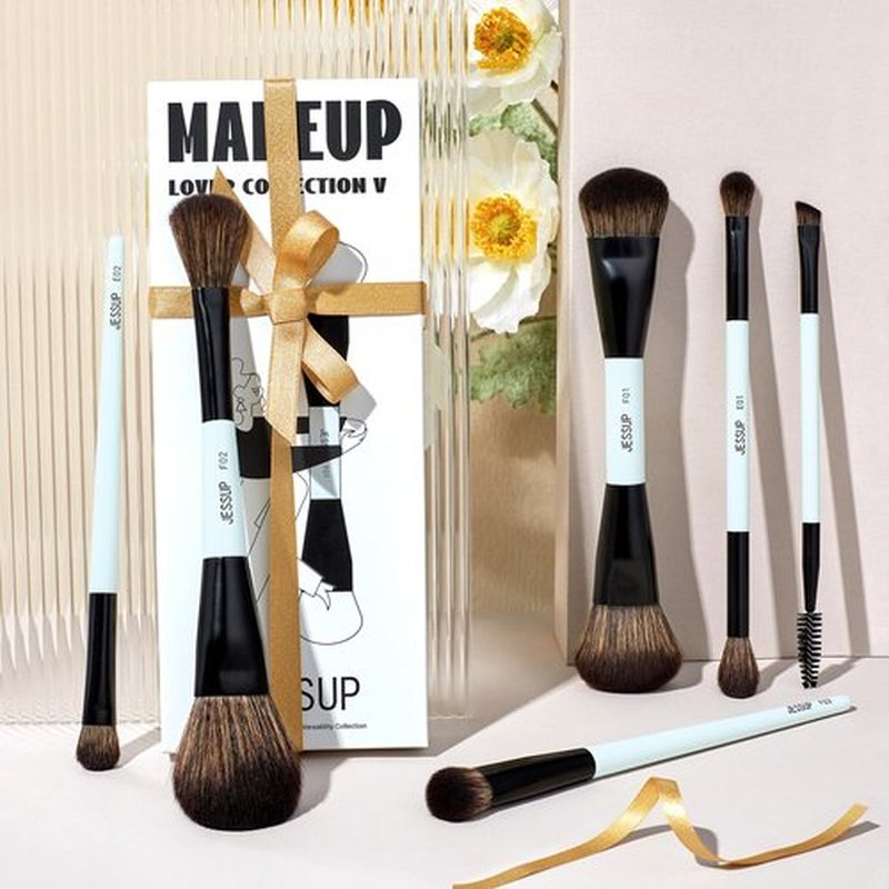 Jessup Makeup Brush Set 6pcs Double Sided Makeup Brushes Foundation Contour Blush Highlight Blending Eyebrow Brush Eyeshadow Brush, Vegan Fiber Make up Brush Bright Cyan T501