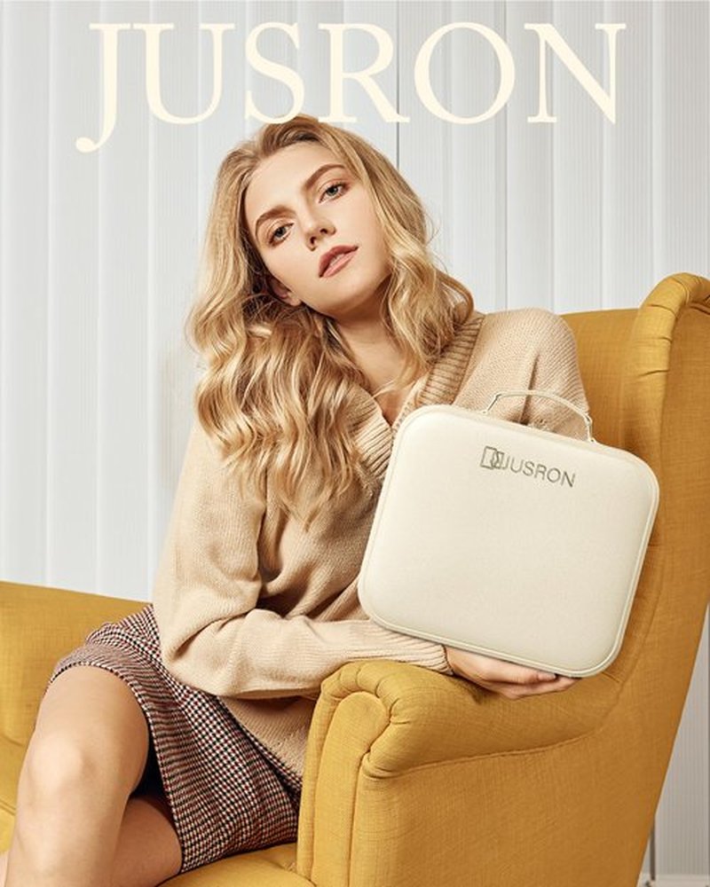 JUSRON Travel Makeup Bag With LED Mirror, Cosmetic Train Case with Light up Mirror, Portable Makeup Artist Organizer Bag with Adjustable Dividers, Makeup Brush Holder Storage (White, Medium)
