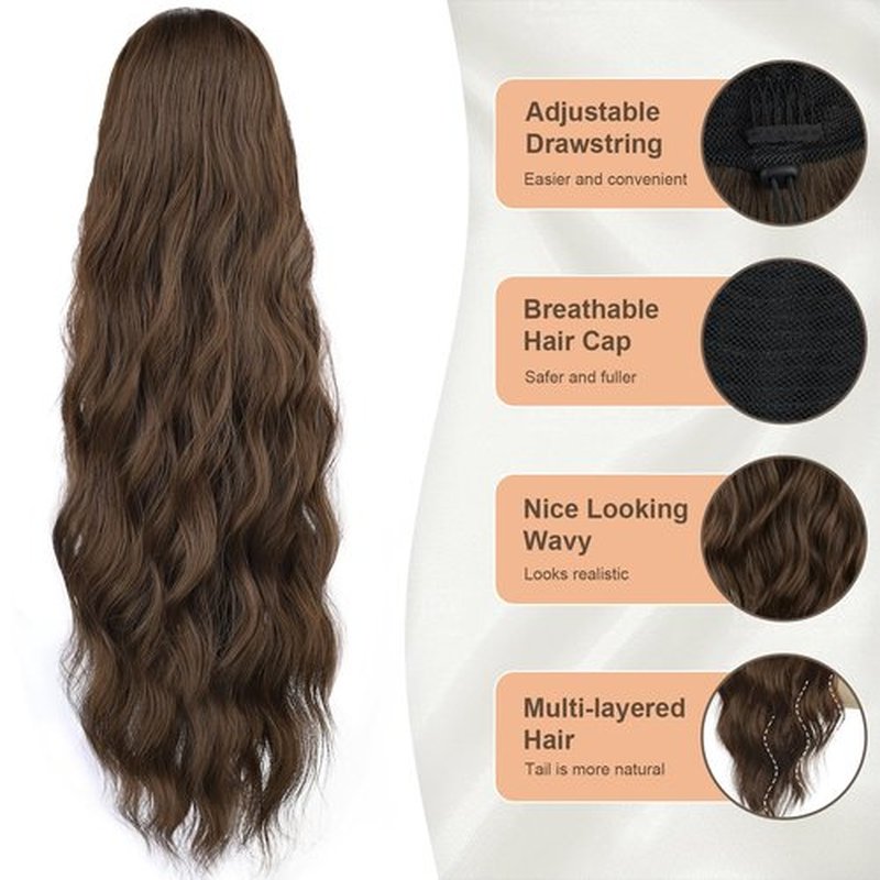 FREEMEIGE Ponytail Extension Drawstring Ponytail Hair Extensions for Women Long Curly Wavy Pony Tail Extension Synthetic Medium Brown Hair Extensions Ponytail Hairpiece for Daily Use Party
