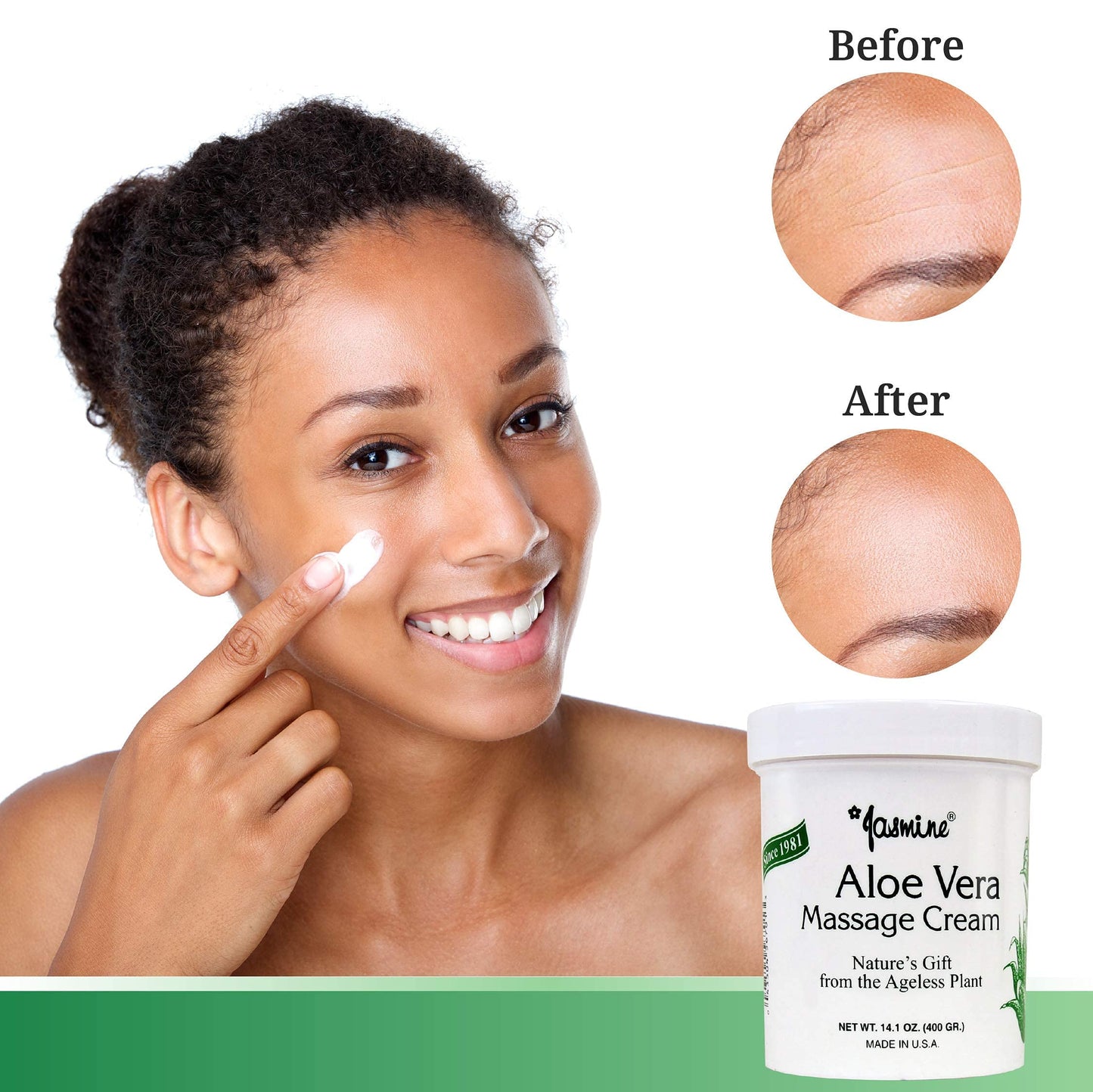 Jasmine Aloe Vera Massage Cream. Keep Your Face and Body Fresh and Soft with Anti-Aging Therapy Cream. Have Deeply Moisturized and Nutrition on Your Skin. Organic Aloe Vera Extract. [400 g / 14.1 Oz]
