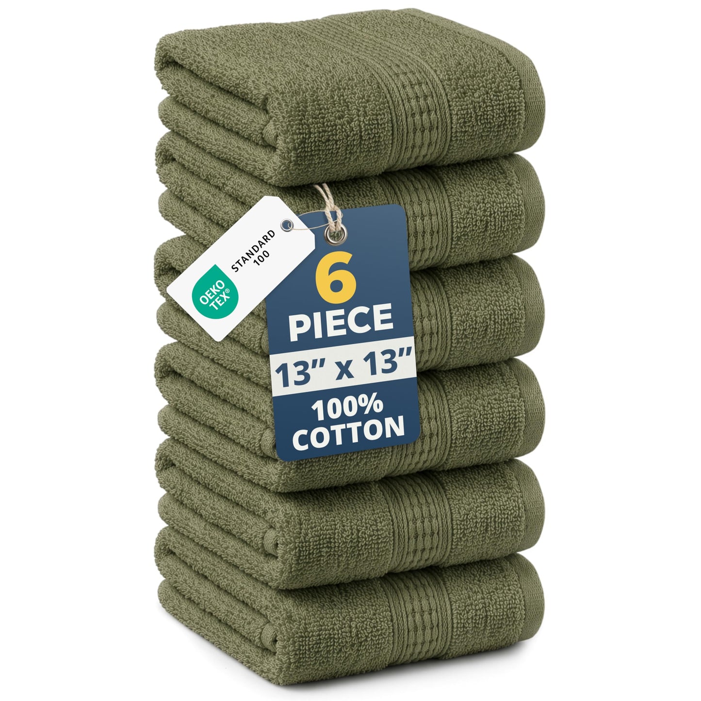 LANE LINEN Wash Cloths - 100% Cotton 6 Pack Set - 13"x13" Soft Surface, Reinforced Edges & Quick Drying - Highly Absorbent & Fade Resistant - Ideal for Salon, Spa & Hotel - Oil Green