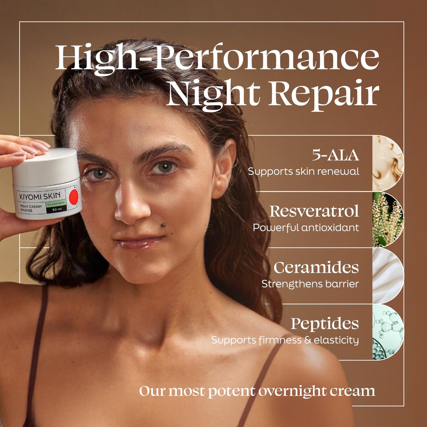 Kiyomi Skin Night Cream Intense with 5-ALA, Ceramides & Peptides, 1.7 Fl Oz