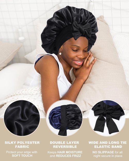 Satin Bonnet for Women Silk Bonnets for Sleeping Curly Hair Bonnet with Elastic Tie Band Reversible Double Layer Sleep Cap Hair Wrap (Black + Dark Blue)