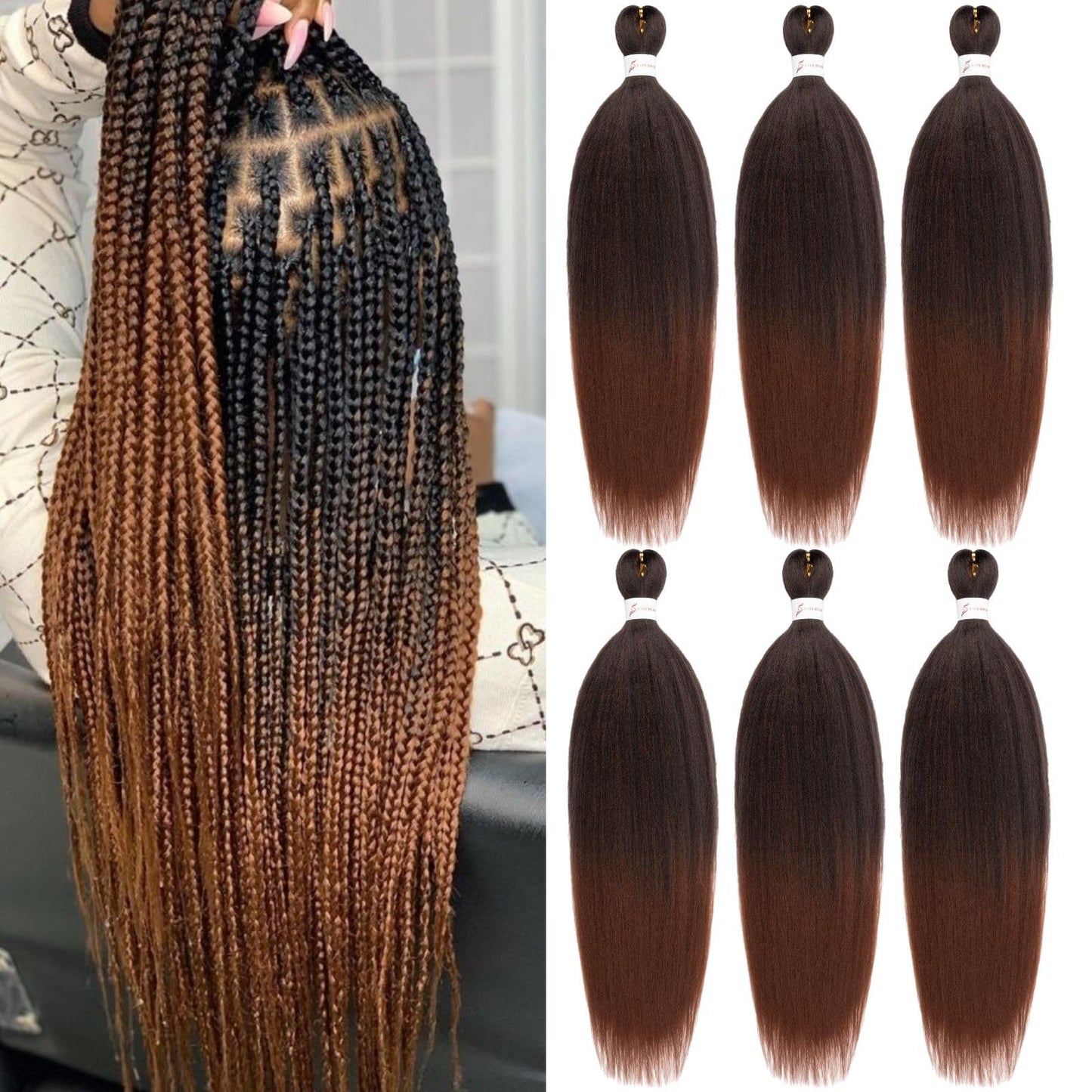 Ombre Braiding Hair,24 Inch Ombre Natural Black To Brown 6 Packs Hair Extensions Professional Synthetic Braid Hair Crochet Braids, Soft Yaki Texture, Hot Water Setting (24Inch,T1B/30#).