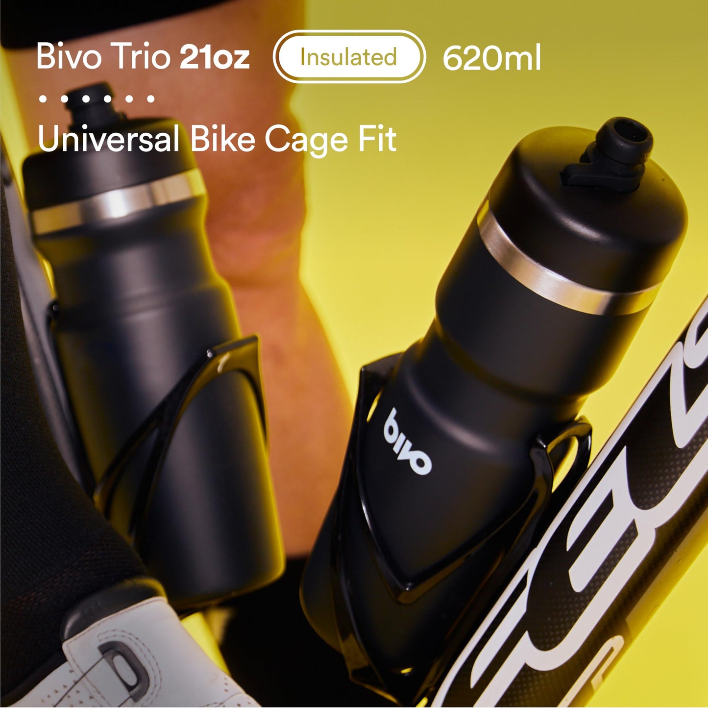 Bivo Trio 21oz Insulated Stainless Steel Bike Water Bottle - for Cycling - Fits Most Cages, Dishwasher Safe, High Flow Sports Nozzle - Keeps Drinks Cold 12+ Hours - Black