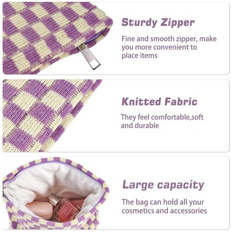 ZLFSRQ 3Pcs Checkered Makeup Bag for Women Large Cosmetic Bag Set Travel Toiletry Bag Makeup Pouch Bag for Purse Purple Zipper Storage Bag Organizer Cute Small Aesthetic Girls Car Essentials Bag
