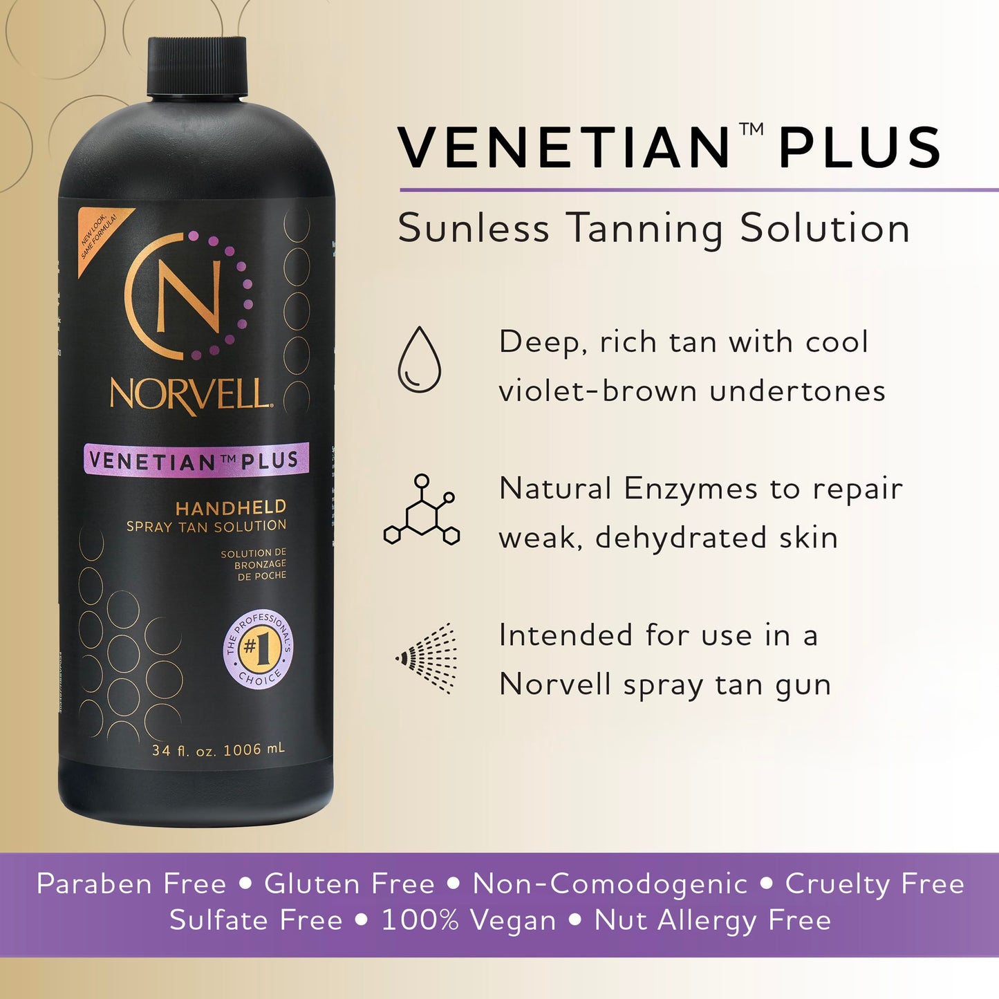 Norvell Premium Spray Tan Solution Venetian Plus 34 fl oz – Professional Sunless Tanning Formula for Deep Natural Bronze Glow, Streak-Free, Fast-Drying, Long-Lasting Color