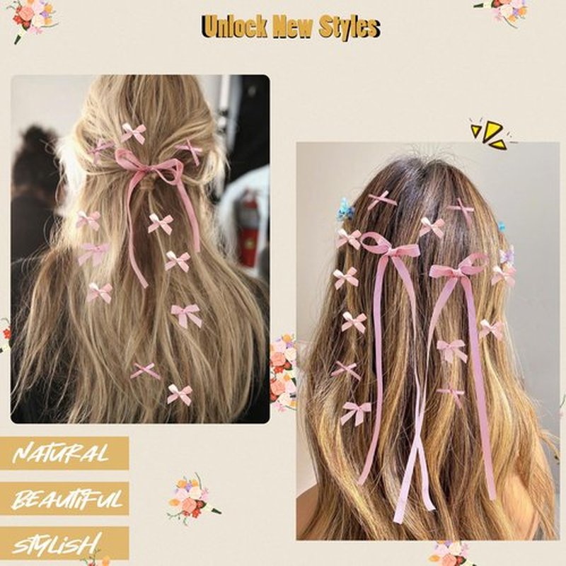 Mini Hair Bows for Women Girls Cute Hair Clips Small Alligator Long Tail Hair Ribbon Accessories -3 Styles -22P - Pink