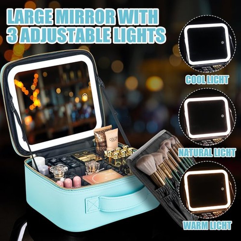 Makeup Travel Train Case with Mirror LED Light 3 Adjustable Brightness Cosmetic Bag Portable Storage Adjustable Partition Waterproof Makeup Brushes Makeup Jewelry Gift for Women (light blue)