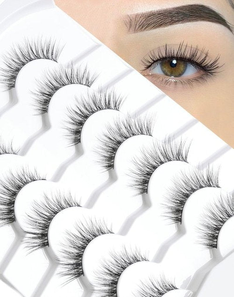 Natural Looking Lashes Wispy Eyelashes Thin Band Strip False Lashes D Curl Reusable Cat Eye Effect False Eyelashes 13mm 7 Pairs S7