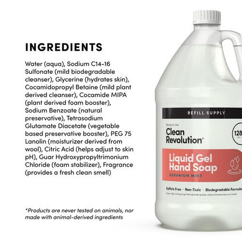 Clean Revolution Liquid Gel Hand Soap, Silky Rich Liquid, Quick Lather, Fast Rinsing, Contains Real Essential Oils (Geranium Mint) 128 Fl Oz