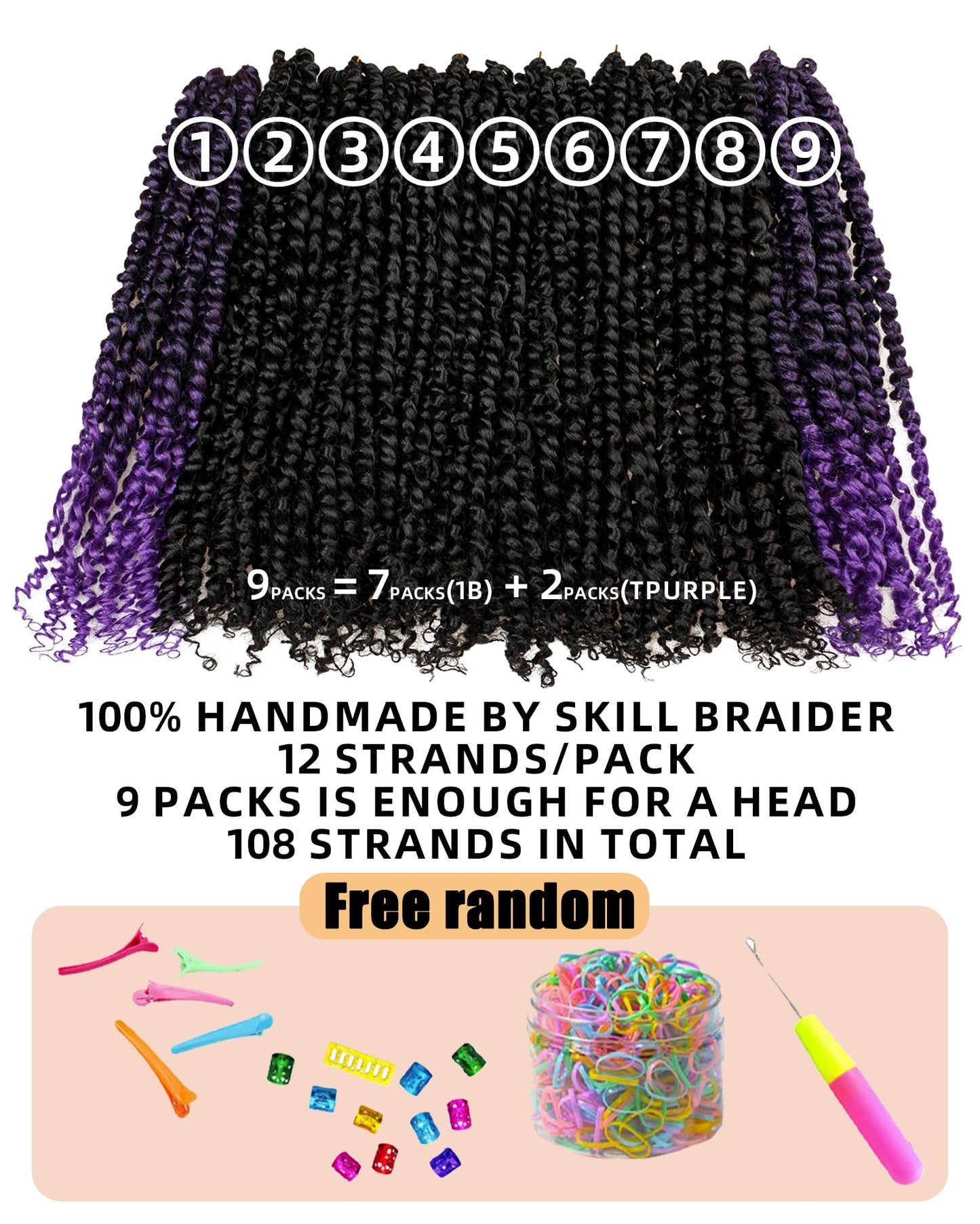 14 Inches 9 Packs Mixed Colors Combo Pack(7 packs 1B+ 2 packs T1B/Purple),Passion Twist Crochet Hair For Black Women- Pre-twisted Pre Looped Synthetic Hair Extensions(14 Inch-9 Packs,1B+TPurple)