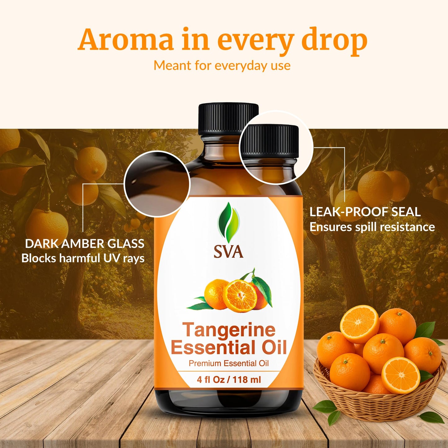 SVA Tangerine Essential Oil 4 Fl Oz – for Diffuser, Skin & Hair Care – Ideal for Massage & DIY Blends – with Dropper