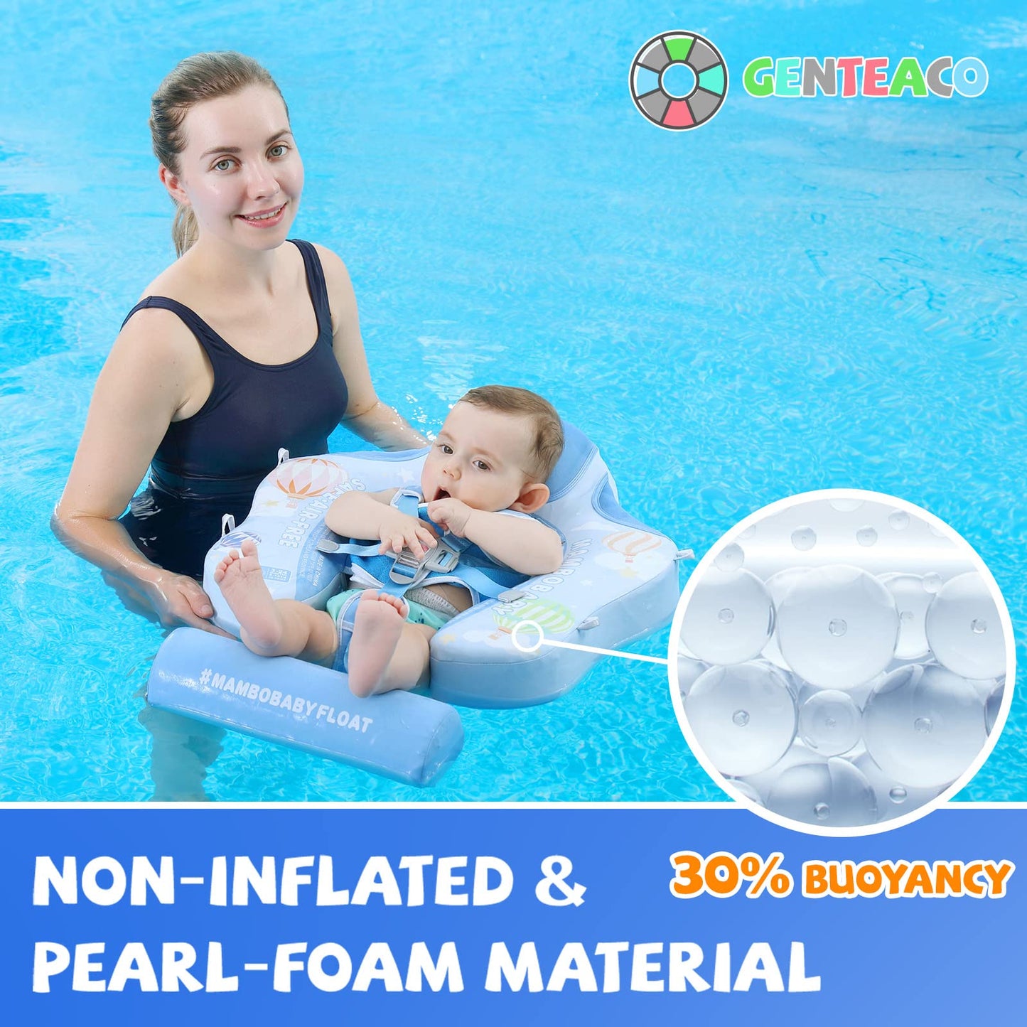 GENTEACO Mambobaby Baby Swim Float with Canopy 3-24 Months Non-Inflatable Infant Floats for Pool Add Tail Avoid Flip Skin-Friendly Material for Toddler Boys Girls(Blue)