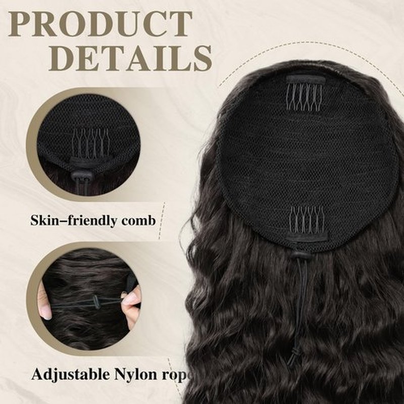 AISI BEAUTY Curly Ponytail Extension, Brown Black Drawstring Ponytail Extension for Black Women Synthetic Curly Wavy 20 Inch Fake Clip in Ponytail Hair Extensions for Daily Use