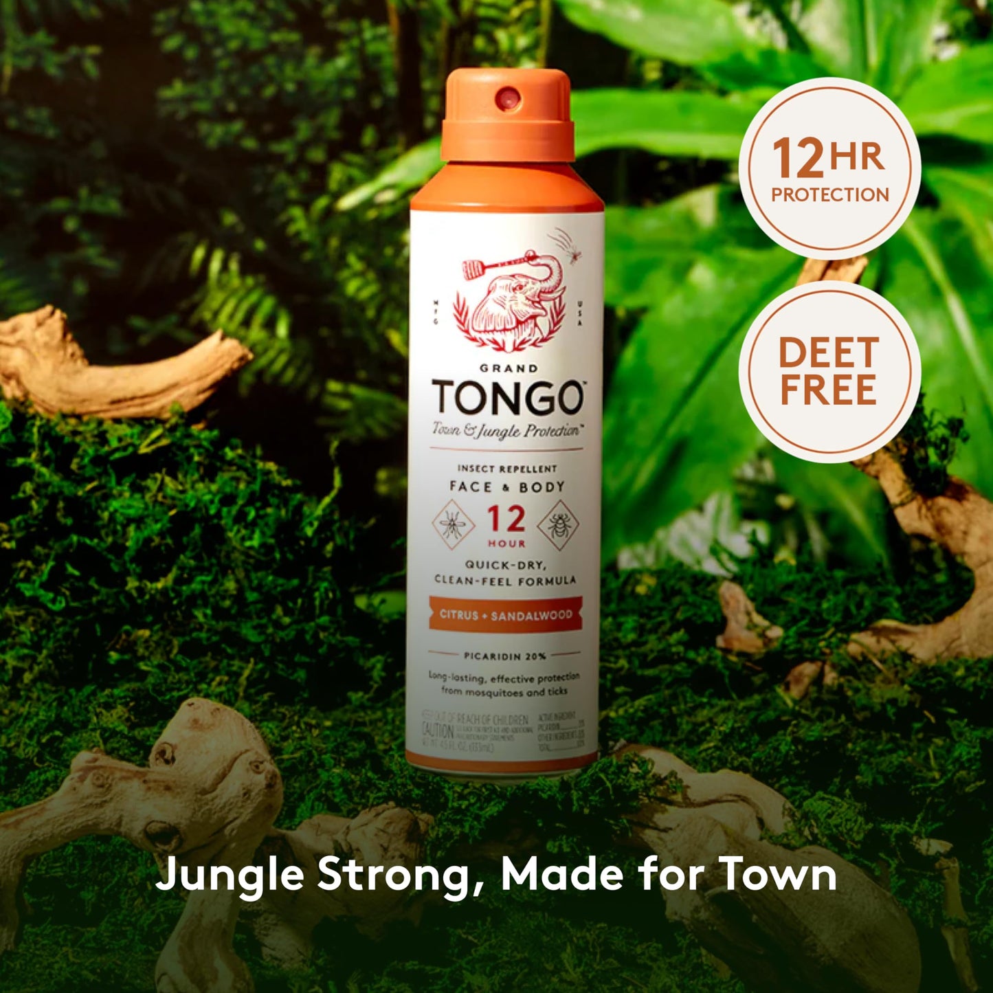 Grand Tongo DEET-Free Insect Repellent with Picaridin, The 12 Hour Protection, DEET Alternative - Citrus + Sandalwood