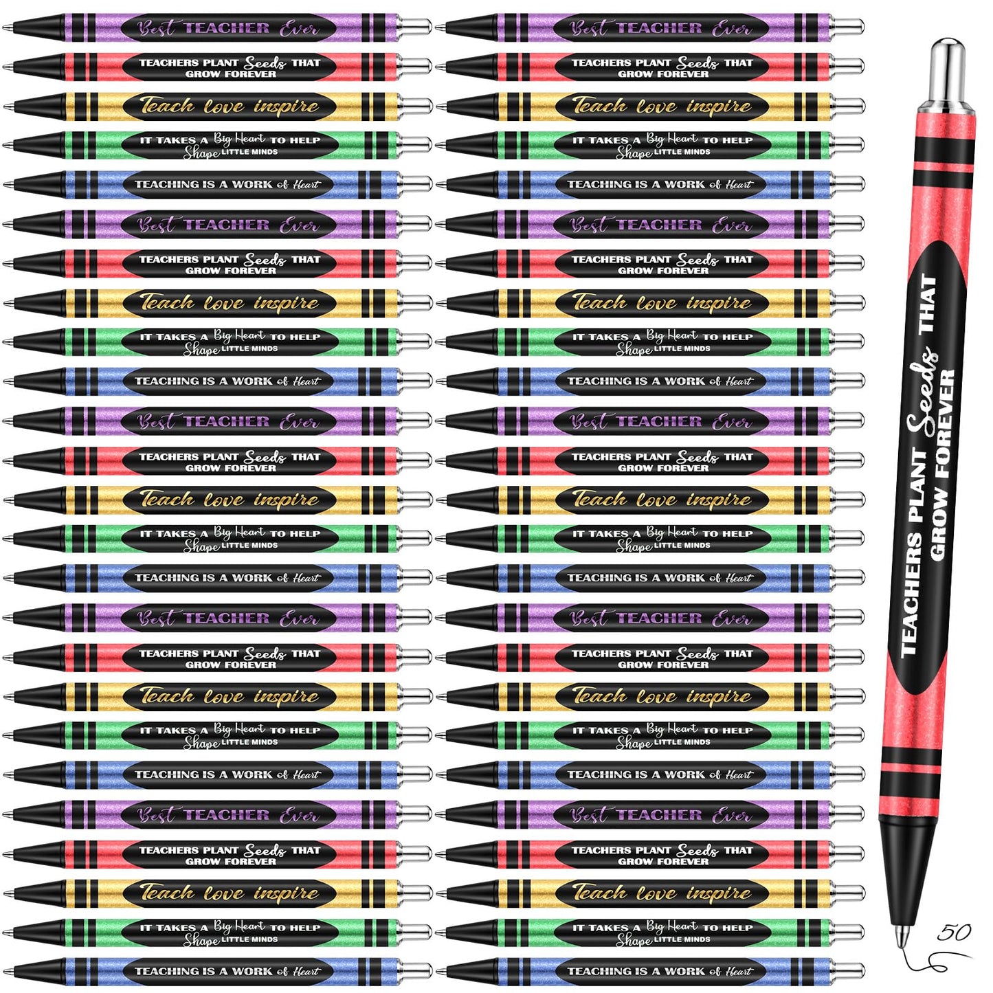 Motipuns 30 Pcs Back to School Teacher Appreciation Gift Pen Bulk Metal Glitter Thank You Teacher Pens Inspirational Black Ink Retractable Ballpoint for First Day of School Party Favors(Crayon)