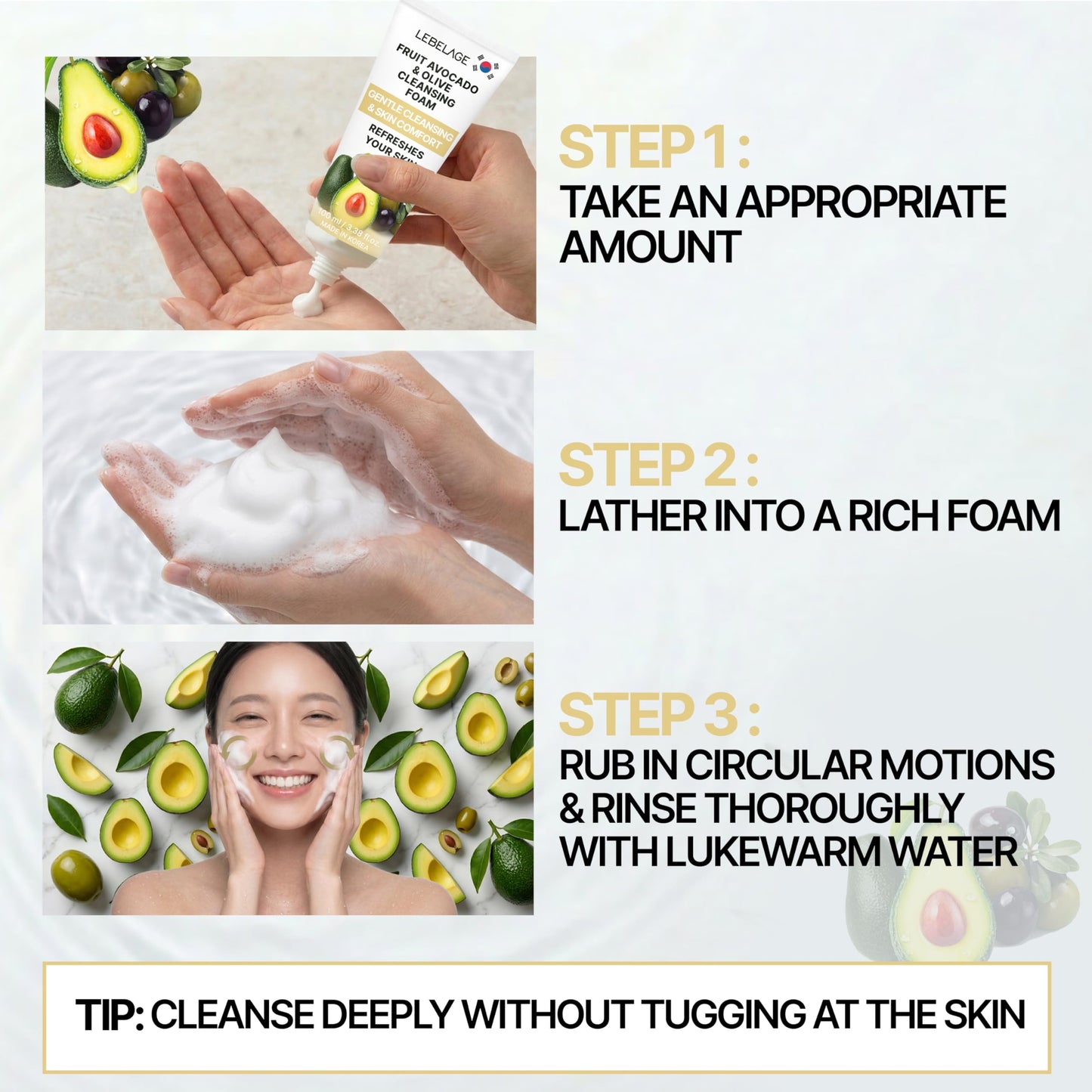 LEBELAGE Korean Avocado&Olive Facial Cleanser 3.38 oz | Cleansing Foam Face Wash | Low pH Gentle Hydrating Daily Facial Cleanser Sensitive Skin | Deep Cleansing Foaming Cleanser, Pore Care