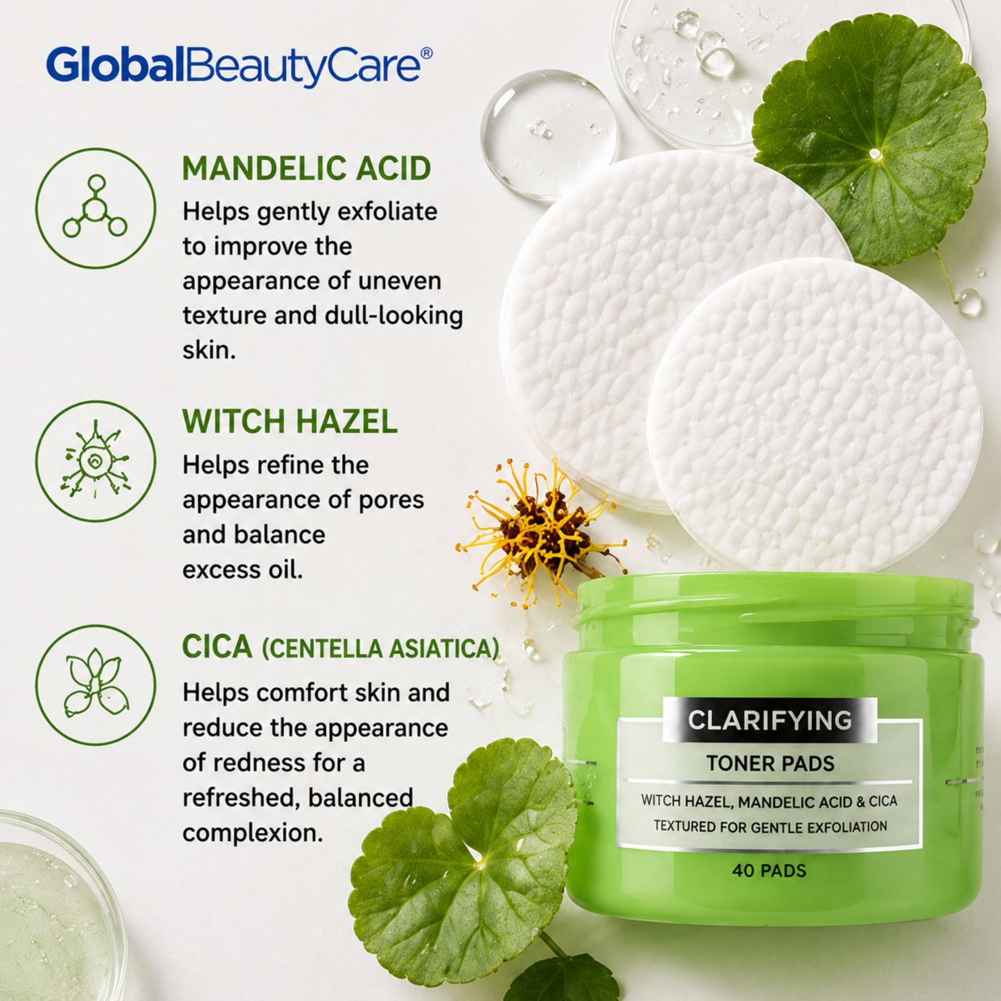 Global Beauty Care Clarifying Toner Pads - Face Toner Pads with Witch Hazel, Mandelic Acid & CICA, Dual Textured Exfoliating Facial Pads, Helps Refine Pores & Balance Skin, 120ct (3-Pack)