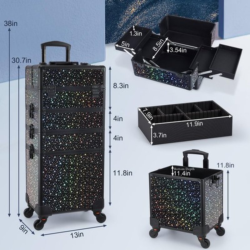 Stagiant Rolling Makeup Train Case Large Storage Cosmetic Trolley 4 in 1 Large Capacity Trolley Makeup Travel Case with Key Swivel Wheels Salon Barber Case Traveling Cart Trunk