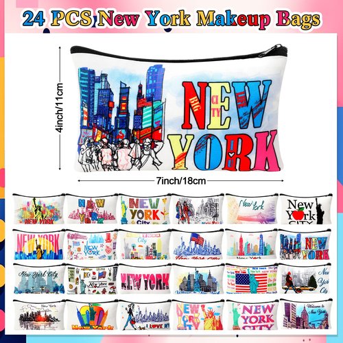 SilTriangle 24 Pieces Makeup Bags Bulk Canvas Cosmetic Bags Purse Organizer Zipper Cosmetic Pouch Portable Travel Toiletry Pouch for Women Men Gifts, 7 x 4 Inch (New York)