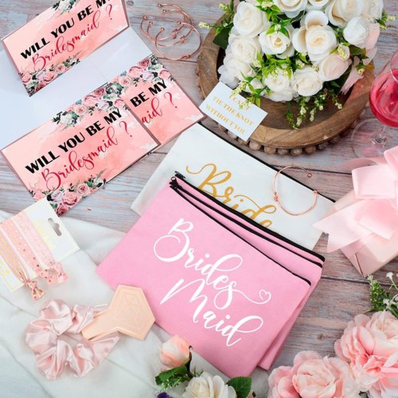 63 Pcs Bridesmaid Proposal Gifts Bulk Maid of Honor Gifts Matron of Honor Gifts Brides Bridesmaid Cosmetic Makeup Bag Hair Knotted Bracelets Invitation Cards for Wedding Bachelorette (Fresh Style)