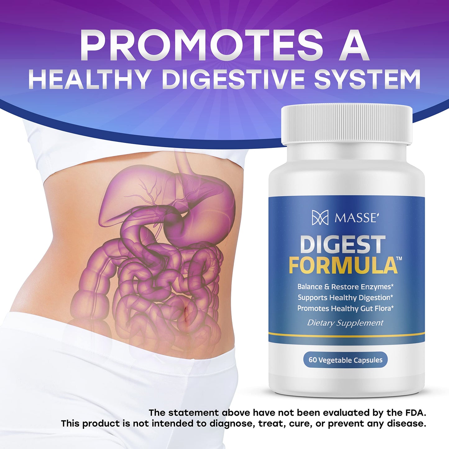 MASSE' Digest Formula Supplement Enzyme Boost Capsules - Advanced Formula for Digestive Health & Gut Flora Support - Natural Organic Enzyme Supplement for Digestive Care and Overgrowth- 60 Count