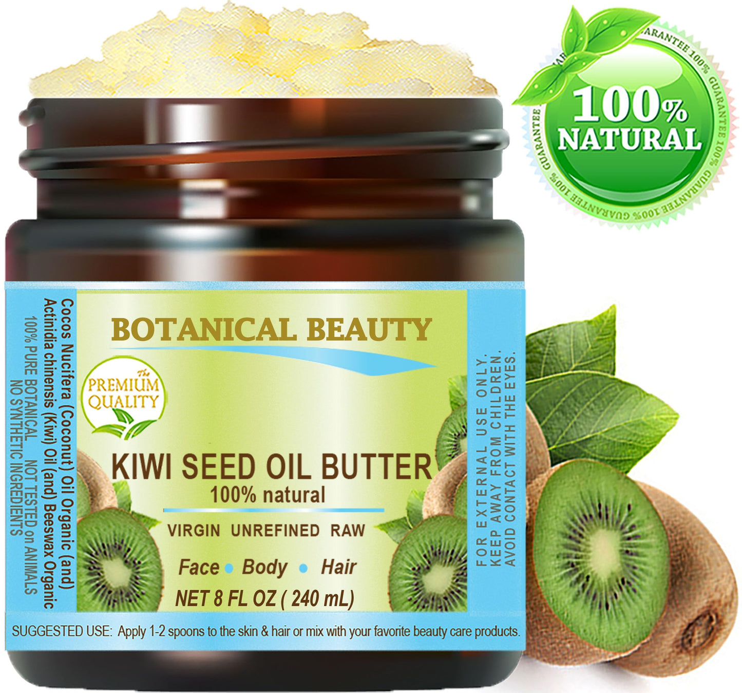 Botanical Beauty KIWI SEED OIL BUTTER RAW VIRGIN UNREFINED Cold Pressed for Face, Body, Hair, Nails, Skin, Hands, Rich in vitamin E, Vitamin C (8 Fl Oz)