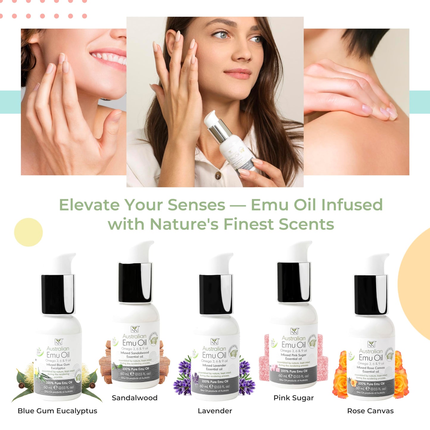 Y Not Natural Pure Emu Oil - Organic Moisture for Face, Body, Hair, Scalp & Nails - Rich in Omega 3-6-9, Vitamins & Essential Minerals - Australian Emu Oil (60ml) 2.03 fl oz - Sandalwood