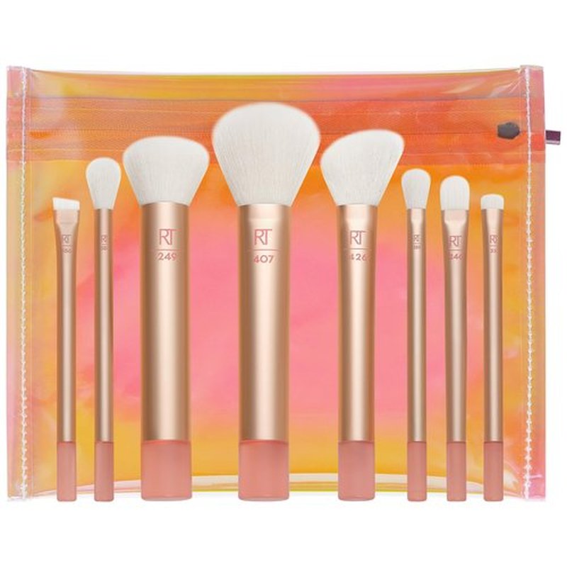 Real Techniques 9 Piece The Wanderer Makeup Brush Set, For Liquid, Cream, & Powder Eyeshadow, Foundation, Concealer, Blush, & Contour, Travel-Size Brushes, Stocking Stuffer, Cruelty-Free Bristles