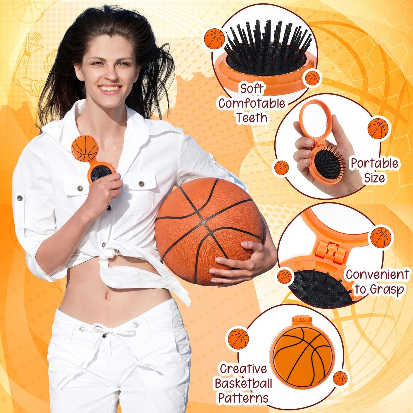 Teecyhooo 90 Pcs Basketball Gifts Basketball Party Favors for Team Include 18 Cosmetic Bag 18 Folding Hair Brush with Mirror 18 Hair Scrunchies 18 Lip Balm 18 Lipstick Holder Keychain(Orange,Classic)