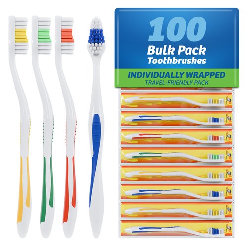 FactorDuty 100 Pack Toothbrush Standard Classic Medium Soft Toothbrush Bulk Individually Wrapped