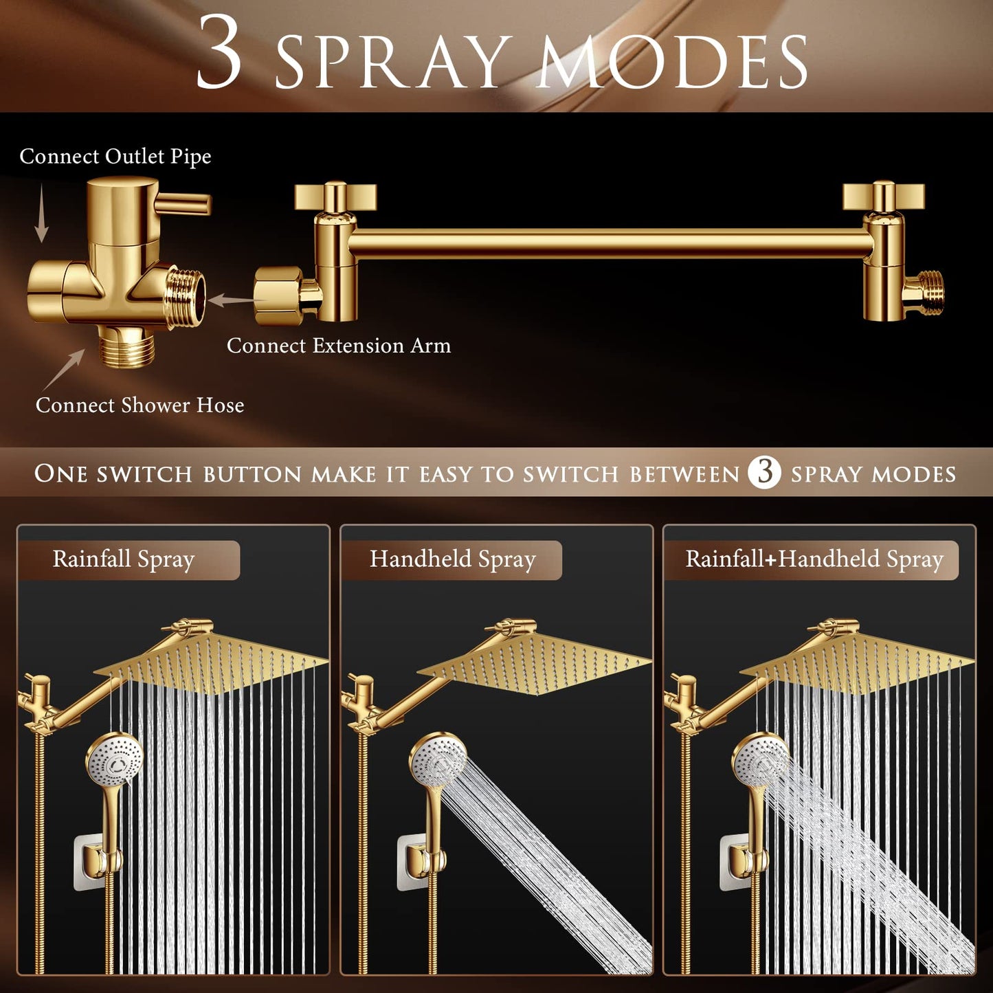 High Pressure Rainfall Shower Head/Handheld Shower Combo with 11" Adjustable Extension Arm, 5 Spray Settings Shower Heads with 60" Hose Anti-leak (Gold), 10"